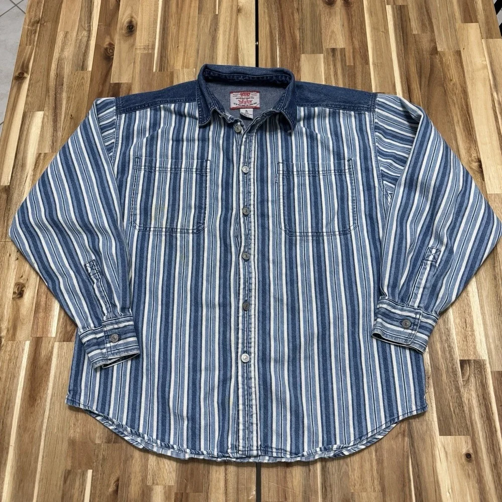 Vintage‎ Levis Shirt Mens XL Denim Striped Long Sleeve Button Up Western 90s